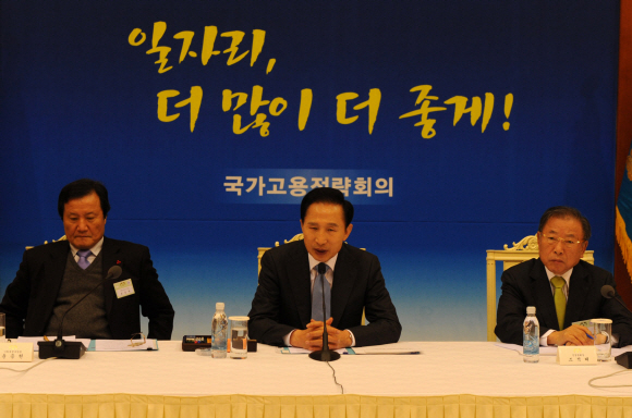 이명박 대통령이 21일 오전 청와대에서 열린 제1차 국가고용전략회의에서 모두발언을 하고 있다. 왼쪽은 윤증현 기획재정부 장관, 오른쪽은 조석래 전국경제인연합회 회장. 청와대 사진기자단