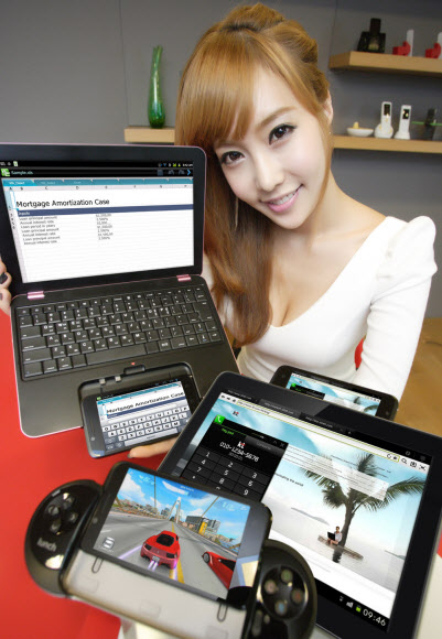 1일 KT 홍보도우미가 노트북, 태블릿PC 등과 다양하게 결합할 수 있는 스마트폰인 스파이더폰을 소개하고 있다. KT 제공