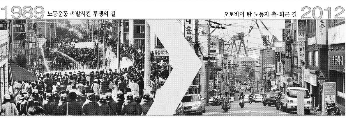 1.1989년 노동자대투쟁 시절의 울산 동구 전하로(왼쪽). 현대중공업노동조합 제공 2. 2012년 울산 동구 전하로. 퇴근하는 오토바이 행렬 뒤로 멀리 현대중공업 4.5도크의 모습이 보인다(오른쪽).