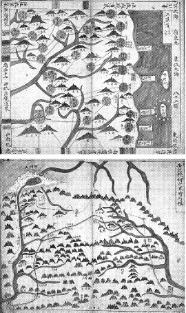 천하제국도의 강원도 지도(사진 위)에 우산도(독도·원표시)의 모습이 뚜렷이 보인다. ‘임진목호정계시소모’는 숙종 때 조선과 청나라가 국경을 확정하며 백두산에 정계비를 세운 여정을 그린 귀중본이다. 국립도서관 제공