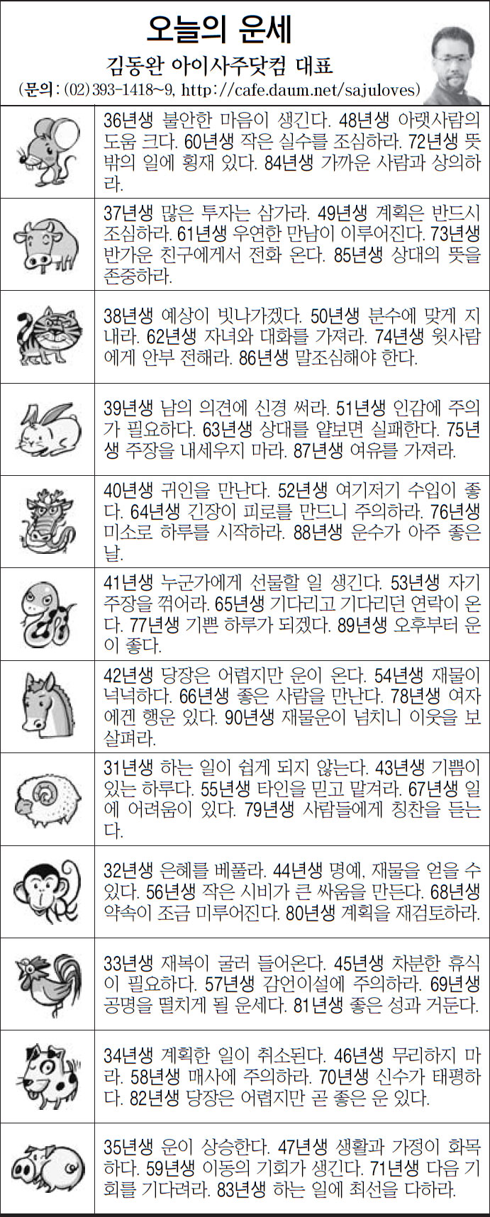 [오늘의 띠별 운세] 2014년 1월 8일 수요일 (오늘의 운세)