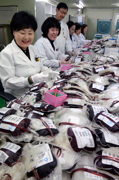 대한적십자사 서울서부혈액원 제제팀 직원들이 입고를 마친 전혈 혈액을 정리하고 있다. 혈액은 종류별로, 비중의 차이에 따라 ‘혈장 제제’ ‘혈소판 제제 전용’으로 분리해 병원에 공급한다.