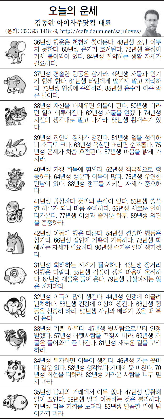 [오늘의 띠별 운세] 2014년 1월 16일 목요일 (오늘의운세)