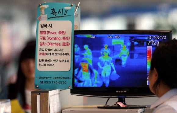 발열 여행객 체크하는 공항 직원