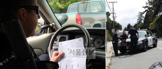 존 부시 샌타크루즈경찰국(SCPD) 경사가 미국 캘리포니아주 샌타크루즈시에서 프레드폴 범죄예측지도에 표시된 ‘레드박스’(범죄발생률이 높은 구역)를 찾아다니며 순찰하고 있다(왼쪽). 이날 순찰 도중 보호관찰 기간인데도 약물을 복용한 백인 여성(약물복용 전과)을 발견해 옷 속에 마약류 등을 감췄는지 살피고 있다. 샌타크루즈(미국) 최훈진 기자 choigiza@seoul.co.kr