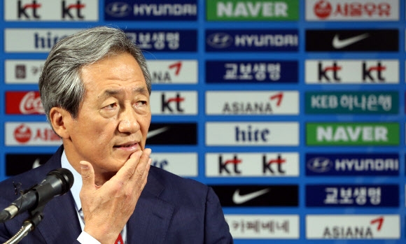 질문 듣는 정몽준 축구협회 명예회장