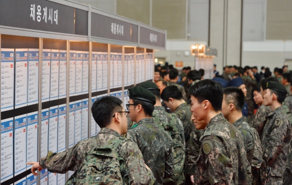 군 가산점제 논의는 16년동안 제자리 걸음을 하고 있습니다. 열차표 할인 혜택이라도 주자는 주장은 격렬한 헤게모니 싸움에 묻혀 사라졌습니다. 사진은 경기 고양시 킨텍스에서 열린 일자리 박람회에서 전역 예정 장병들이 채용 게시판을 들여다보고 있는 모습. 서울신문 포토라이브러리