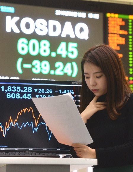 장중 한때 코스닥지수 600선이 무너진 12일 서울 여의도 한국거래소에서 한 직원이 착잡한 얼굴로 시황 자료를 보고 있다. 이종원 선임기자 jongwon@seoul.co.kr
