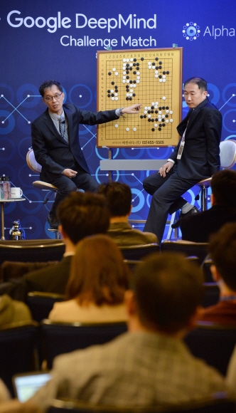 15일 서울 광화문 포시즌호텔에서 열린 구글 딥마인드 챌린지 매치 이세돌 9단과 구글 인공지능(AI) 알파고의 5번기 중 마지막 대국을 유창혁 9단과 김성룡 9단이 현장 화면을 보며 해설하고 있다. 손형준 기자 boltagoo@seoul.co.kr