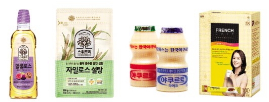 CJ제일제당의 ‘스위트리 알룰로스’(왼쪽부터), ‘자일로스설탕’, 한국야쿠르트의 ‘야쿠르트’와 ‘야쿠르트 라이트’, 남양유업의 당을 줄인 ‘프렌치카페 카페믹스’.