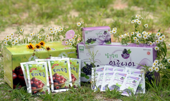 달기 농장에서 나온 토마토와 아로니아로 만든 가공식품. 아산 강성남 선임기자 snk@seoul.co.kr