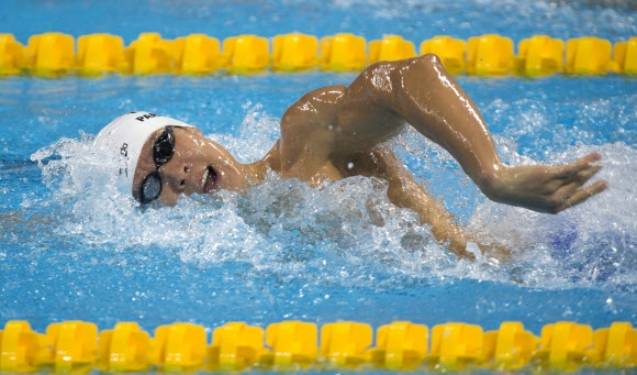 박태환이 6일(현지시간) 캐나다 온타리오주 윈저에서 열린 ‘제13회 국제수영연맹(FINA) 쇼트코스 세계선수권대회’ 남자 자유형 400m 결승에서 우승을 차지했다. AP 연합뉴스