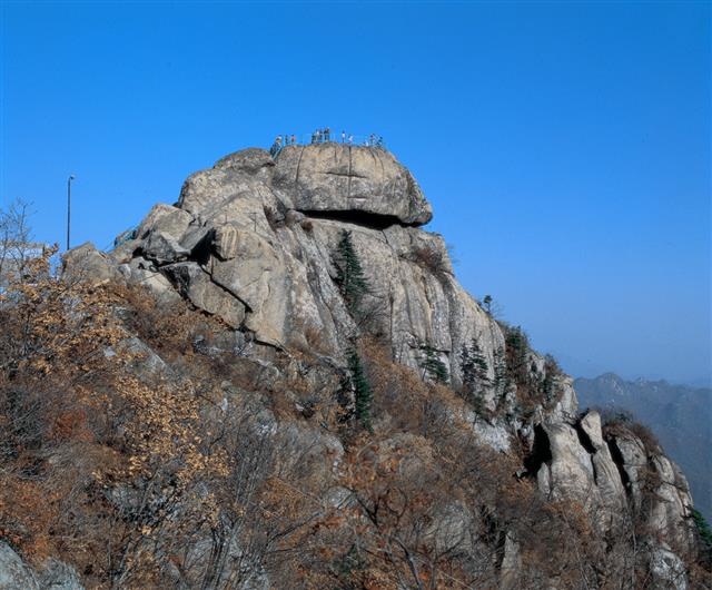 ‘중부내륙관광의 꽃’으로 불리는 충북 보은군에 있는 속리산에 속한 9개 봉우리 가운데 두 번째로 높은 문장대. 보은군과 경북 상주시 경계에 위치한 문장대는 바위 위에 올라가 내려다보는 전망이 뛰어나 등산객에게 인기가 많다. 보은군 제공