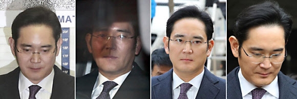 430억원대 뇌물공여와 횡령?위증 등 혐의로 구속영장이 청구된 이재용 삼성전자 부회장이 18일 서울중앙지법에서 구속 전 피의자심문(영장실질심사)을 받았다. 사진은 대치동 특검사무실 출두 모습(왼쪽부터)과 특검사무실을 나서는 모습, 영장실질심사를 위해 법원 들어서는 모습, 실질심사를 마친 뒤 서울구치소로 향하는 모습. 연합뉴스