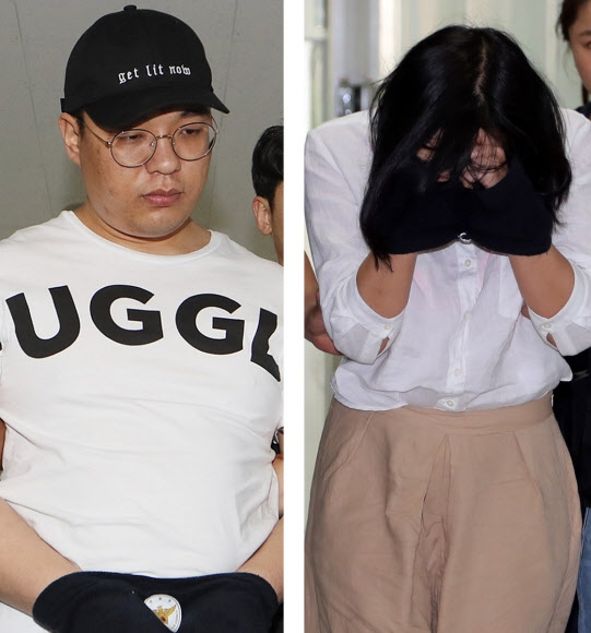 창원 골프연습장 여성 납치·살인사건의 피의자인 심천우(왼쪽)·강정임이 도주 9일 만인 3일 검거돼 서울 중랑경찰서 유치장으로 이동하고 있다. 연합뉴스