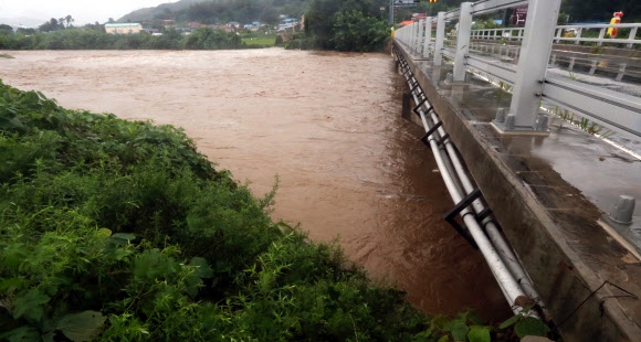 31일 충북 충주와 음성, 진천에 호우경보가 내려진 가운데 충주시 노은면의 한 하천의 물이 불어나 흐르고 있다. 이날 현재 누적 강수량은 충주 노은 77.5㎜, 진천 광혜원 71.8㎜, 음성 금왕 65.5㎜, 제천 백운 11.5㎜ 등이다. 연합뉴스
