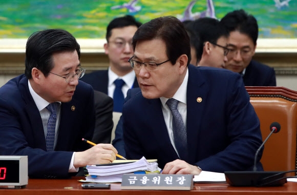 최종구 금융위원장이 16일 오전 국회 정무위원회에서 열린 국정감사에 출석해 답변준비를 하고 있다. 연합뉴스