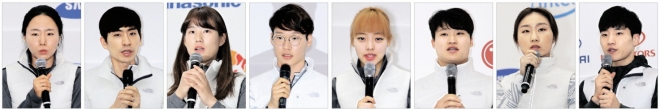 ‘태극 전사’들이 2018 평창동계올림픽 개막 100일을 하루 앞둔 31일 서울 노원구 태릉선수촌에서 열린 ‘미디어데이’에서 저마다 메달 투혼을 다짐하고 있다. 왼쪽부터 이상화(여자 스피드스케이팅), 이승훈(남자 스피드스케이팅), 성은령(여자 루지), 이상호(남자 스노보드), 김보름(여자 스피드스케이팅). 김동현(남자 루지), 최민정(여자 쇼트트랙), 서이라(남자 쇼트트랙).