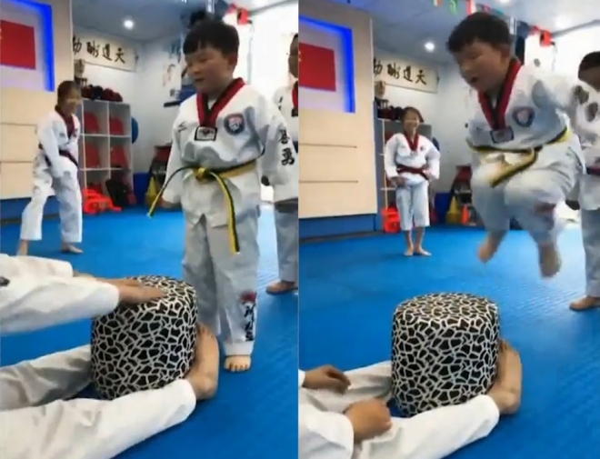 중국의 한 귀여운 태권 소년의 ‘어설픈 점프’모습(유튜브 영상 캡처) 중국의 한 귀여운 태권 소년의 ‘어설픈 점프’모습(유튜브 영상 캡처)