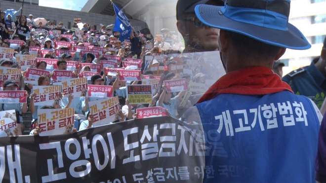 동물권단체와 대한육견협회가 개고기 식용 문제를 두고 찬반 집회를 열었다. 동물권단체와 대한육견협회가 개고기 식용 문제를 두고 찬반 집회를 열었다.