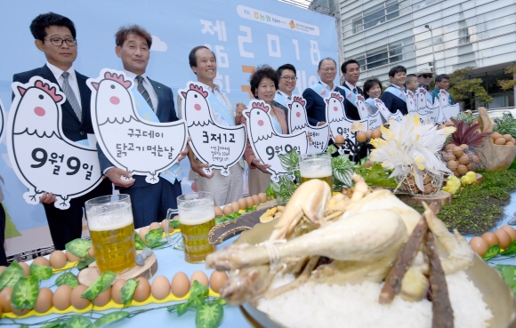 4일 서울 청계광장에서 농협과 닭고기자조금관리위원회가 주최한 ‘제16회 구구데이:도심 속의 힐링페스티벌’ 행사에서 김태환 농협축산경제 대표이사를 비롯한 참석자들이 닭고기로 만든 음식을 소개하며 닭고기 소비 촉진 캠페인을 벌이고 있다. 2018.9.4 박지환기자 popocar@seoul.co.kr