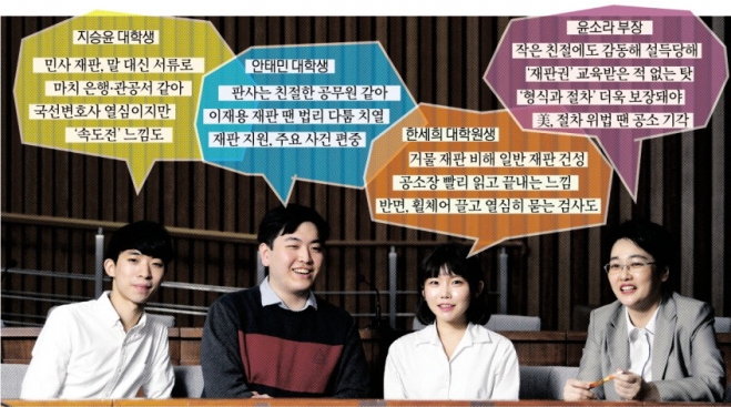 영화에 등장하는 ‘진실을 탐구하는 검사, 검사와 다투는 변호사, 경우의 수 전부를 헤아리려 하는 판사’는 현실 법정엔 없었다. 서울신문은 지난 17일 국회에서 법률 전문가와 대학생 법정모니터단을 만나 그 괴리의 이유를 물었다. 왼쪽부터 대학생 지승윤·안태민씨, 대학원생 한세희씨, 윤소라 법률소비자연맹 대외협력부장. 박지환 기자 popocar@seoul.co.kr