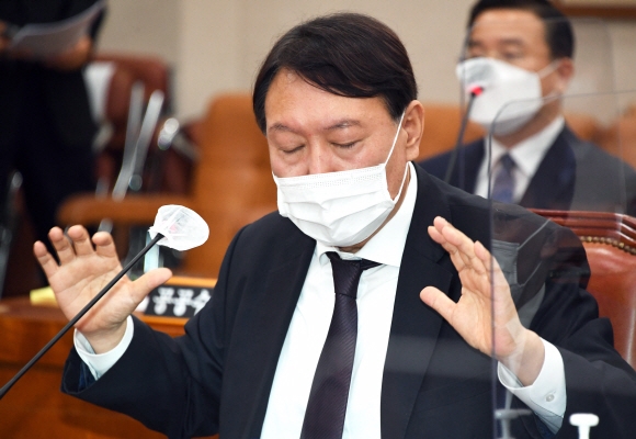 윤석열 검찰총장이 22일 국회에서 열린 법제사법위원회 대검찰청 국정감사에서 질의에 답변하고 있다. 2020. 10. 22 김명국 선임기자 daunso@seoul.co.kr