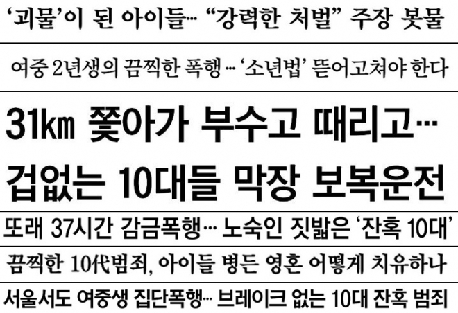 소년범죄를 다룬 언론 보도 헤드라인
