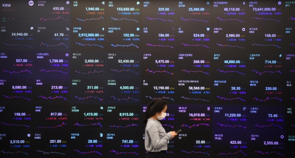 정부가 19일 특별 단속을 예고한 가운데 이날 서울 강남구에 위치한 암호화폐 거래소 업비트 라운지에 설치된 시황판에 비트코인을 비롯한 주요 코인 가격들이 표시돼 있다. 오장환 기자 5zzang@seoul.co.kr
