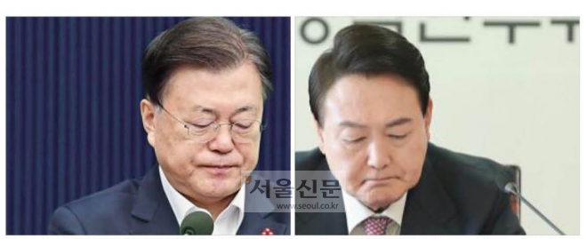 문재인 대통령이 지난해 12월 21일 청와대 여민관에서 열린 영상 국무회의 당시 발언을 마치고 있다. 오른쪽 사진은 지난 22일 윤석열 당선인이 서울 종로구 통의동 대통령직인수위원회 간사단 회의에서 모두발언을 하는 모습. 서울신문 DB