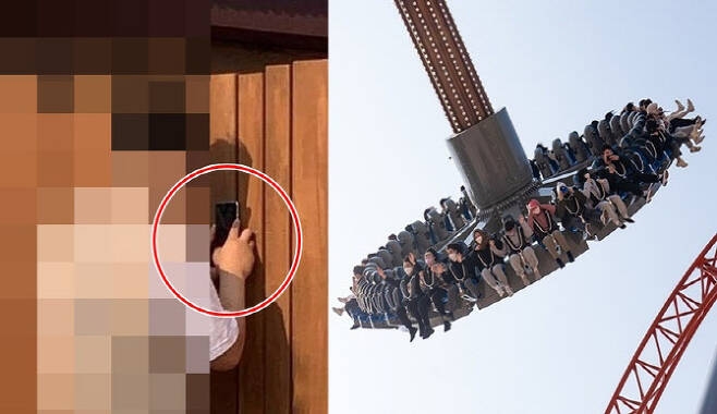 왼쪽 사진은 제보자가 공개한 남성의 모습. 오른쪽 사진은 제보자가 언급한 놀이기구 ‘자이언트 스윙’의 모습 (사진=온라인 커뮤니티, 롯데월드 공식 홈페이지 캡처)