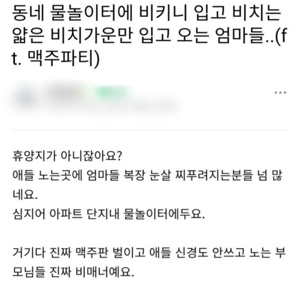 한 지역 맘카페에서 비키니 등 복장으로 물놀이장을 방문한 엄마들을 두고 논란이 일었다. 지역 맘카페 캡처