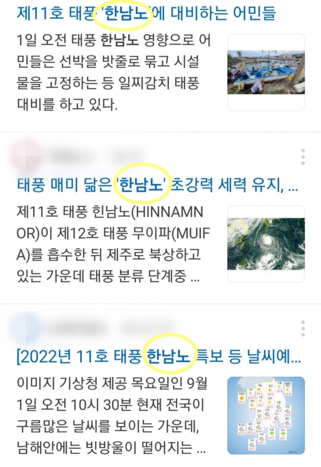 일부 언론 매체들도 잘못된 ‘한남노’라는 명칭으로 기사를 보도하기도 했다. 해당 보도 캡처