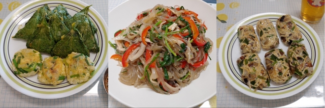 이길희씨가 지난 설에 만든 비건을 위한 깻잎전과 동그랑땡(왼쪽부터), 잡채, 라이스페이퍼 만두. 이길희씨 제공