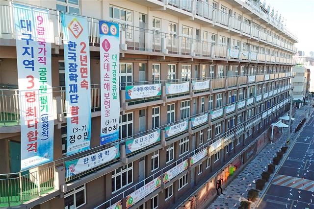 힘겨운 경제 상황 속 취업 축하 현수막