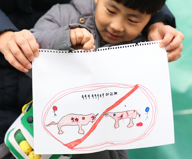 고사리손으로 준비한 소싸움 반대 그림