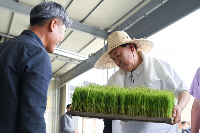 7일 윤석열 대통령이 충남 부여군 임천면 ‘꿈에영농조합법인’을 찾아 가루판 모판을 둘러보고 있다. 2023.6.7 대통령실제공