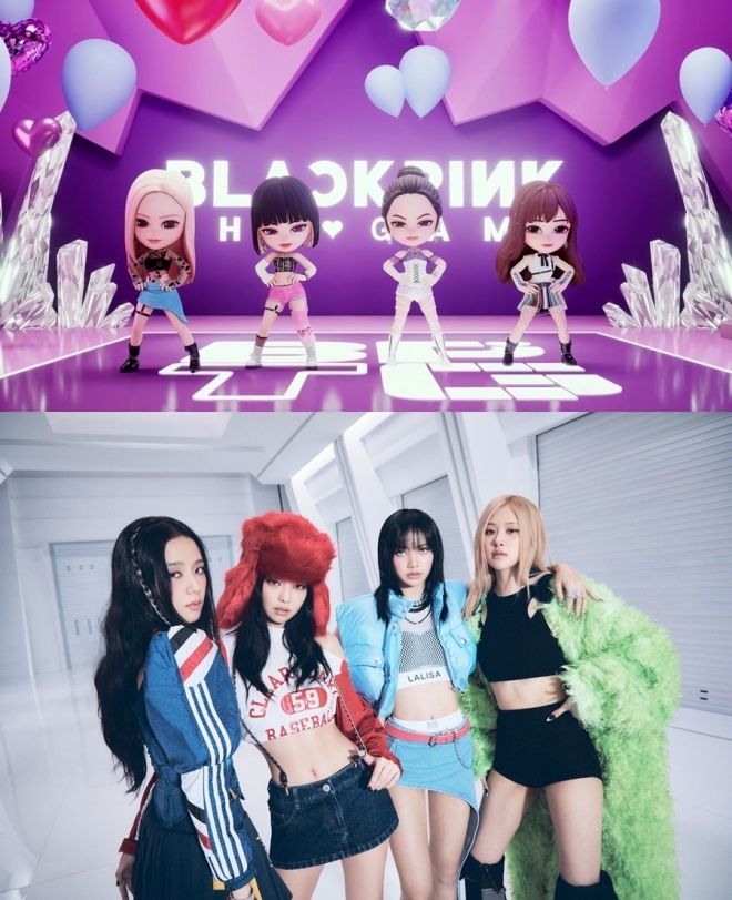 게임 OST ‘더 걸스’ 뮤직비디오의 3D 아바타 영상(위)와 블랙핑크(아래). YG엔터테인먼트 제공