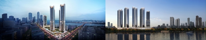 현대건설(왼쪽)과 포스코이앤씨(오른쪽)가 제안한 여의도 한양의 조감도. 현대건설, 포스코이앤씨 제공