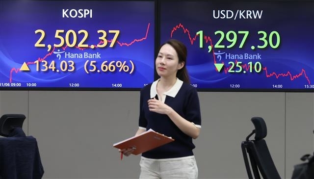 공매도 일시 중단 첫날인 6일 서울 중구 하나은행 딜링룸 전광판에 종가가 나오고 있다. 뉴스1