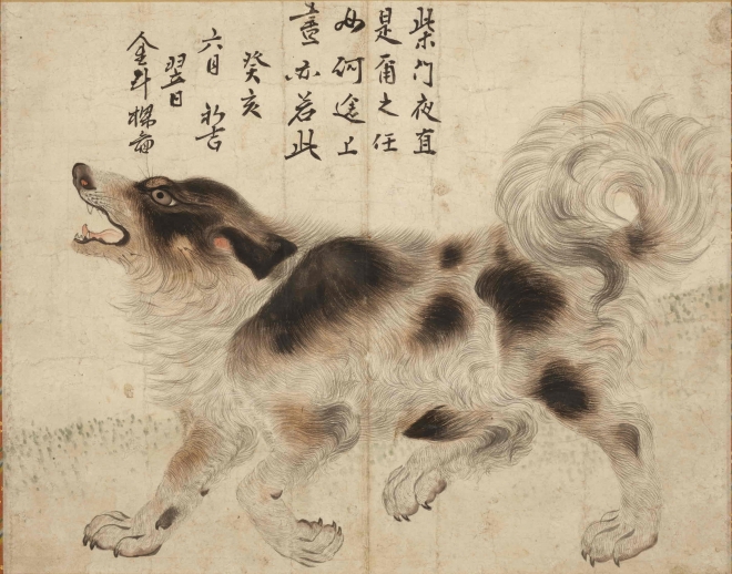 삽살개(尨狗圖), 김두량(金斗樑·1696-1763) 그림, 1743년, 글·글씨 영조, 1743년, 종이에 엷은 색, 35.0×45.0cm, 개인 소장, 부산광역시 유형문화재