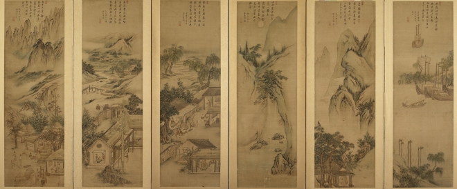〈주부자 시의도朱夫子詩意圖〉 6폭 병풍, 김홍도(金弘道·1745-1806 이후), 1799년, 비단에 색, 각 폭 125.0×40.5cm, 개인 소장