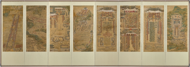 〈화성원행도華城園幸圖〉 8폭 병풍, 최득현崔得賢, 김득신金得臣(1754-1822) 등 7인, 1795년, 비단에 색, 각 폭 151.8×66.2cm.