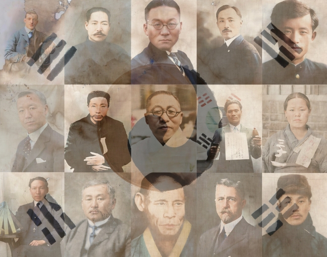 제104주년 3·1절을 앞두고 국가보훈처가 인공지능(AI) 기술을 활용해 독립운동가 15인의 흑백사진을 컬러사진으로 복원했다. 맨 윗줄 왼쪽부터 베델, 김좌진, 송진우, 안창호, 윤동주, 가운뎃줄 왼쪽부터 이승만, 안중근, 김구, 윤봉길, 유관순, 아랫줄 왼쪽부터 조소앙, 최재형, 한용운, 헐버트, 이회영. 이들의 사진을 일제강점기 불교 사찰이 독립거점으로 중요한 역할을 담당했다는 사실을 보여 주는 서울 은평구 진관사 태극기와 합성했다. 국가보훈처·은평구 제공·홍윤기 기자