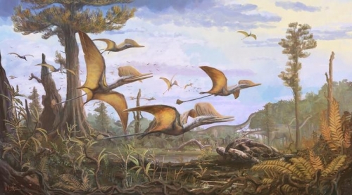 쥐라기 초기에 나타난 익룡 ‘케옵테라 에반새’의 상상도. © NHM & Witton 2021