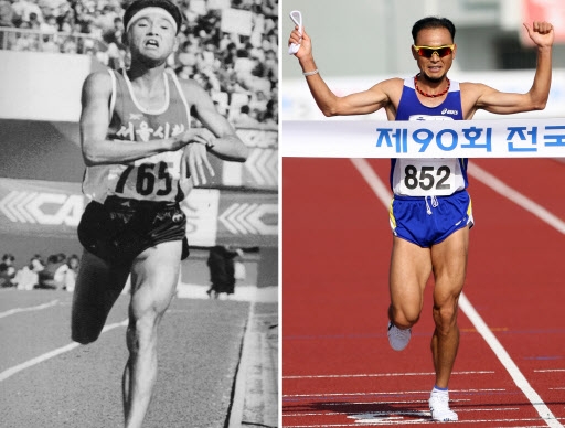 ‘봉달이’ 이봉주가 제90회 전국체전에 충남대표로 출전해 자신의 마라톤 인생 마지막 레이스를 1위로 통과하는 모습. 왼쪽 사진은 이봉주가 지난 1991년 10월 전주에서 열린 제72회 전국체전에서 서울대표로 출전해 생애 첫 1위를 기록하는 모습. 연합뉴스