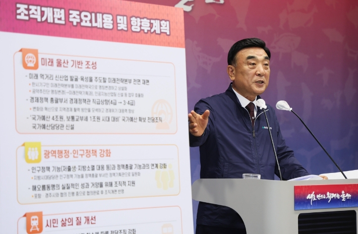 김두겸 울산시장은 지난 22일 울산시청 프레스센터에서 기자회견을 열고 민선 8기 조직관리 부문 후반기 계획을 발표하고 있다. 울산시 제공