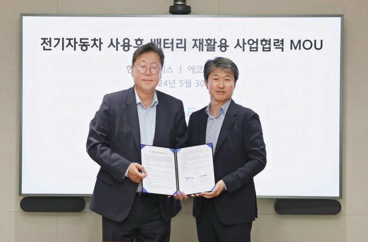 지난달 30일 열린 전기차 사용후 배터리 재활용 사업 관련 업무협약(MOU)식에서 이규복(왼쪽) 현대글로비스 대표와 송호준 에코프로 대표가 기념촬영을 하고 있다. 현대글로비스 제공 지난달 30일 열린 전기차 사용후 배터리 재활용 사업 관련 업무협약(MOU)식에서 이규복(왼쪽) 현대글로비스 대표와 송호준 에코프로 대표가 기념촬영을 하고 있다. 현대글로비스 제공