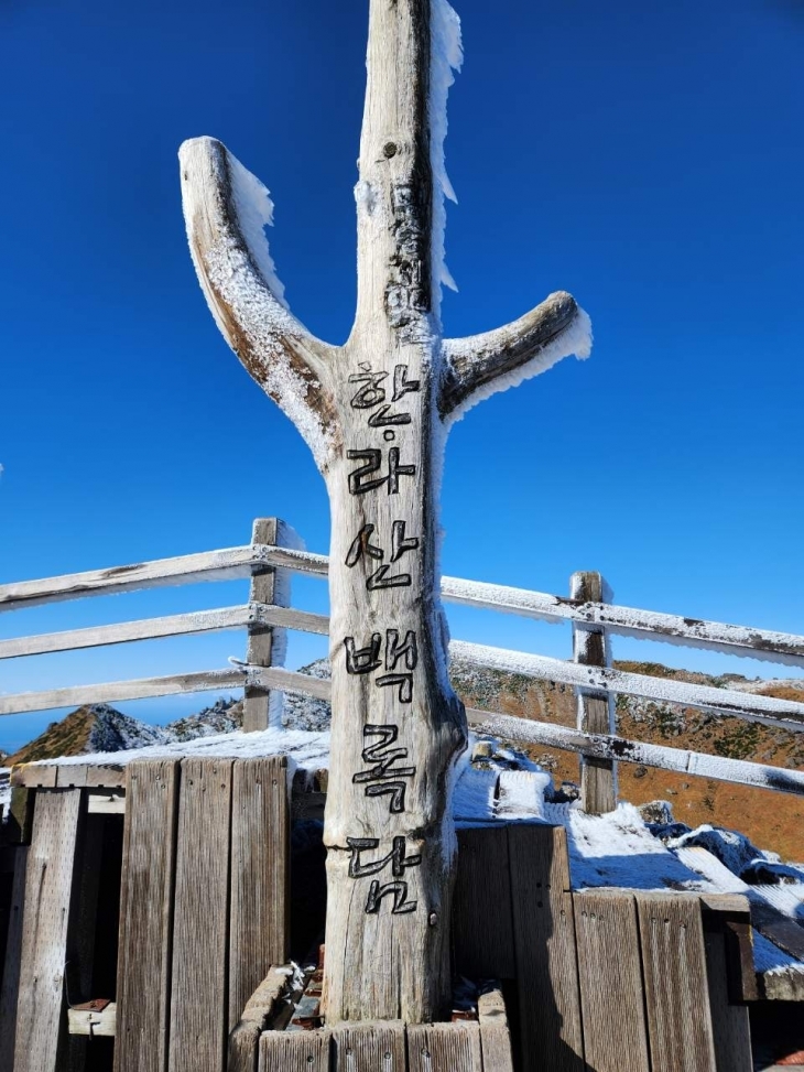한라산백록담 나무표지석. 제주 강동삼 기자