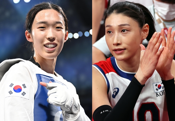 8일(현지시간) 2024 파리 올림픽 태권도 여자 57㎏급에서 우승한 김유진(오른쪽)과 한국 여자 배구 간판 김연경. 파리 박지환 기자·연합뉴스 8일(현지시간) 2024 파리 올림픽 태권도 여자 57㎏급에서 우승한 김유진(오른쪽)과 한국 여자 배구 간판 김연경. 파리 박지환 기자·연합뉴스